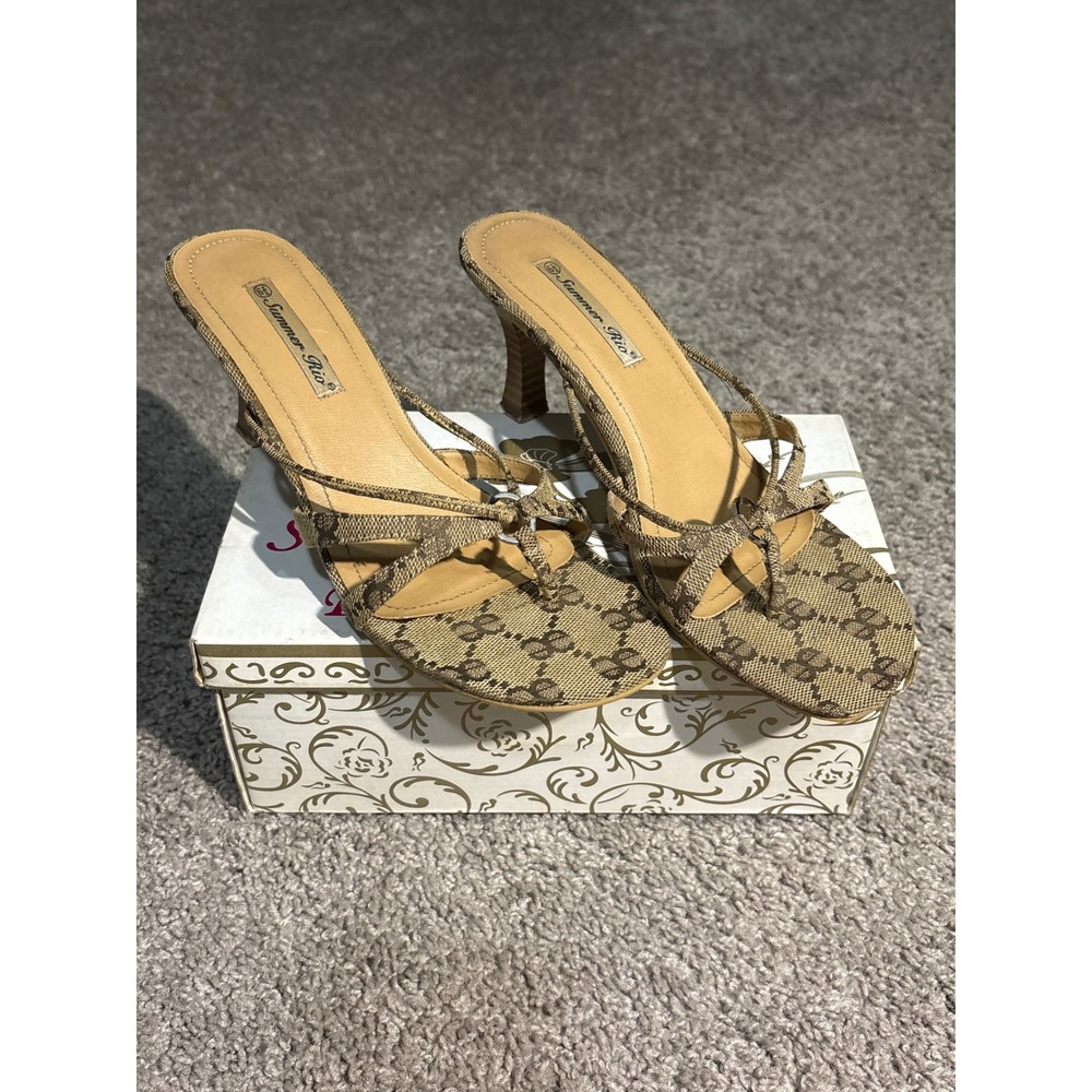 Y2K Summer Rio 6781 Brown Monogram Strappy Kitten Heel Sandals Mules 6.5